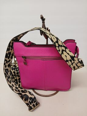 Bright Pink Crossbody Bag with Leopard-Print Strap